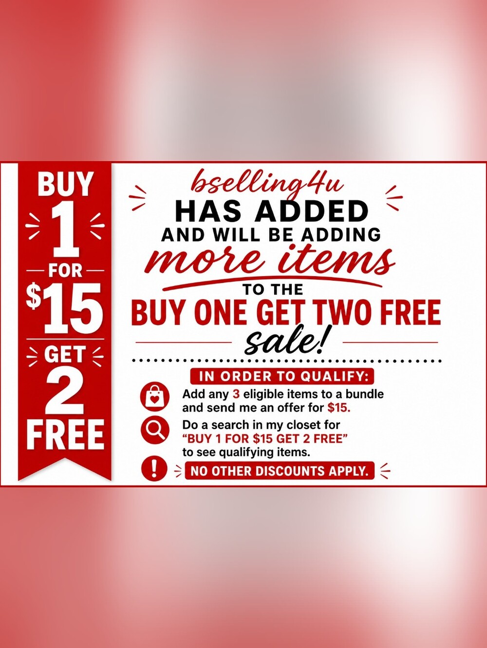 BUY 1‎ FOR $15 GET 2 FREE